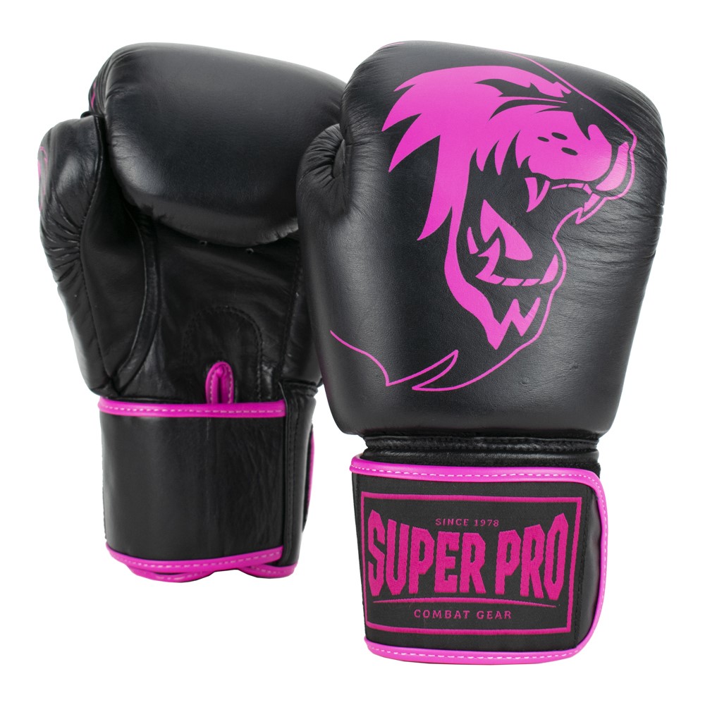 Super Pro Combat Gear Warrior Lederen (Kick)Bokshandschoenen - Zwart/Roze - 12 oz