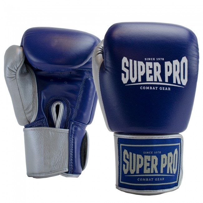 Super Pro Combat Gear Enforcer Lederen (Thai)Bokshandschoenen - Blauw/Zilver/Wit - 10 oz