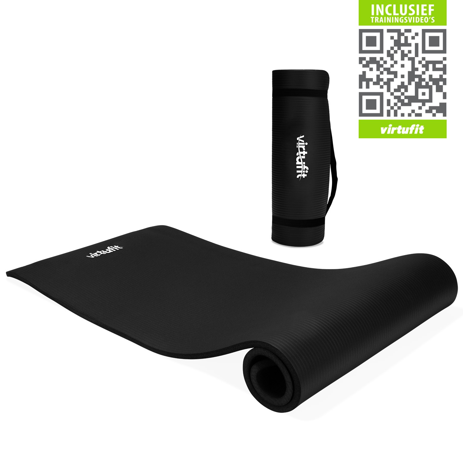 VirtuFit NBR Fitnessmat - 180 x 60 x 1,5 cm - Yogamat met Draagkoord - Zwart - Gratis Trainingsvideo's