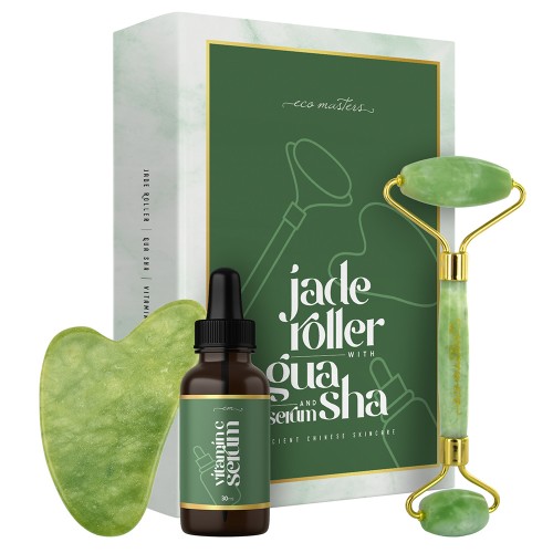 Jade Roller met Gua Sha en Vitamine C Serum - Met Hyaluronzuur, Collageen en Retinol - Gezichtsroller - 100% Pure Jade Steen Gezichtsmassage set