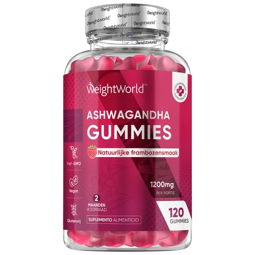 Ashwagandha gummies - 1200 mg - 120 gummies - Met frambozensmaak - Tegen stress en om te ontspannen