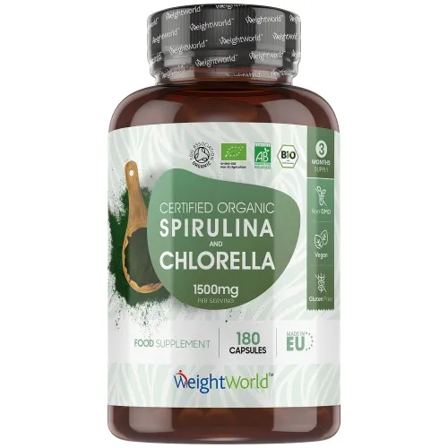 Bio Chlorella in Spirulina capsules - 1500 mg - 180 Capsules - Ondersteunt welzijn - 3 maanden voorraad