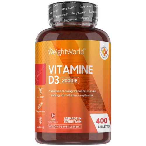 Vitamine D - 2000 IE vitamine D3 - 400 tabletten voor 1+ jaar voorraad - Ondersteunt Immuunsysteem, botten en spieren