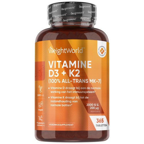 Vitamine D3 en K2 tabletten - 2000 IE 365 vegan tabletten - Vitamine K Menachinon All-Trans MK7 + Vitamine D - D3 uit korstmos